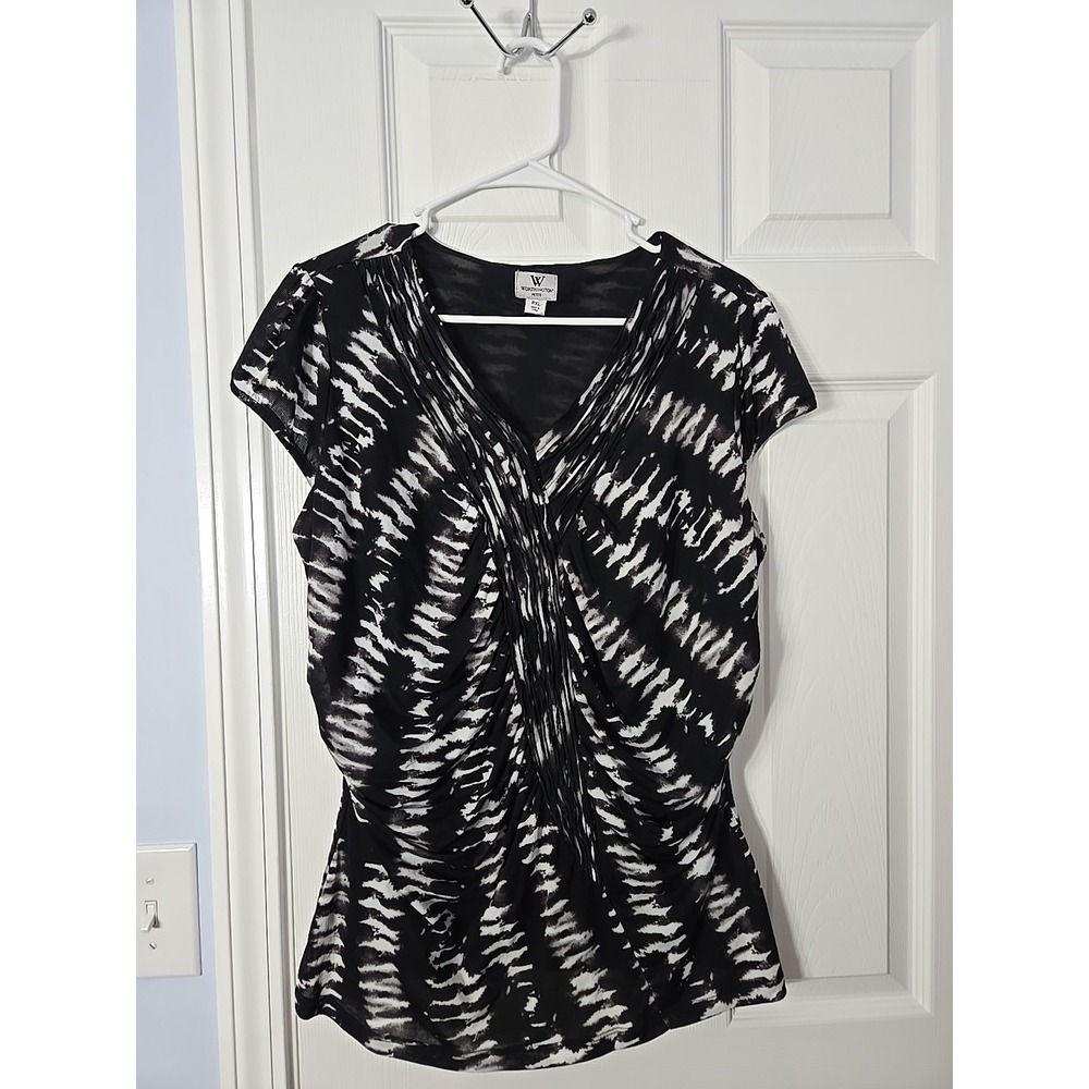 Worthington Petite Womans Short Sleeve Blouse‎  Size PXL Black & White